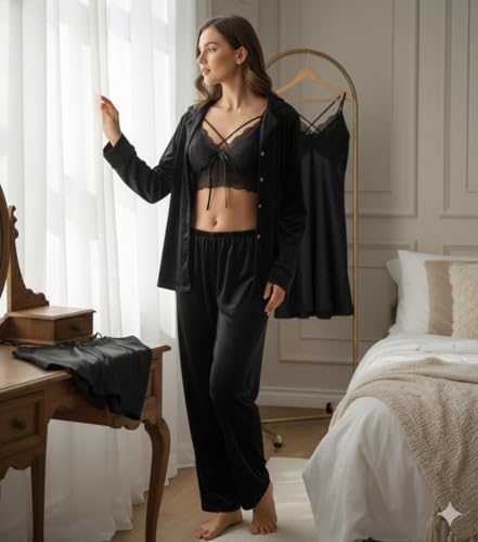Image of Valentine's Day Fancy Night Suit Bath Robe Dress & Bra Penty Set Combo for Women's Pack of 7 Pcs Nightwear Lingerie Silk Velvet Wedding Gifts Lace Nightsuit Set Black (Free Size)