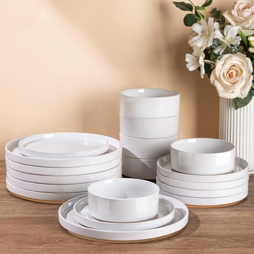 AmorArc Ceramic Dinnerware Set for 4 | Speckled Stoneware Plates and Bowls with unglazed terracotta | Scratch Resistant, Dishwasher & Microwave Safe Dishes Sets- 12-Pcs Milk White
