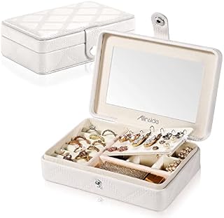 Allinside Small Leather Jewellery Box Organiser, Mini Travel Jewellery Case with Mirror, Portable Jewelry Storage Case for Earrings, Rings, Necklaces, Bracelets(Green)