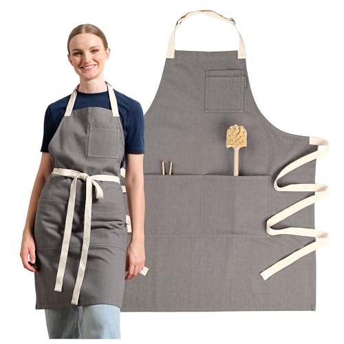 MEEMA Chef Apron with Pockets | One Size Fits All | Upcycled Adjustable Bib Aprons for Women and Men | Cooking, Baking, Grilling & Crafting | Charcoal