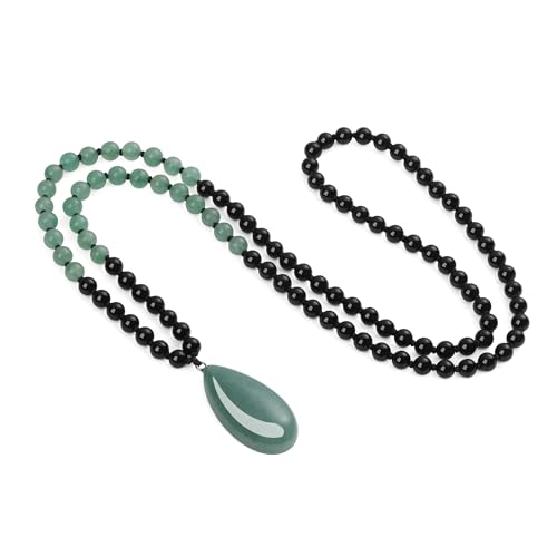 COAI Collar Rosario Japa Mala 108 Cuentas de Ónix y Aventurina Verde Anudadas a Mano y Colgante de Aventurina, Collar con Colgante Gota