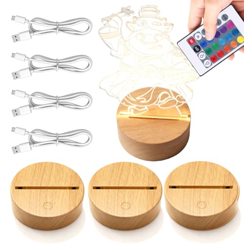 SUNOYA LED Sockel 4 Stück 3D Leuchtsockel mit Fernbedienung 3D LED Nachtlicht Lichtsockel Einstellbarer 16 Farben LED Sockel für Acrylglas Schlafzimmer Wohnzimmer Bar Laden - Holzfarbe (A)