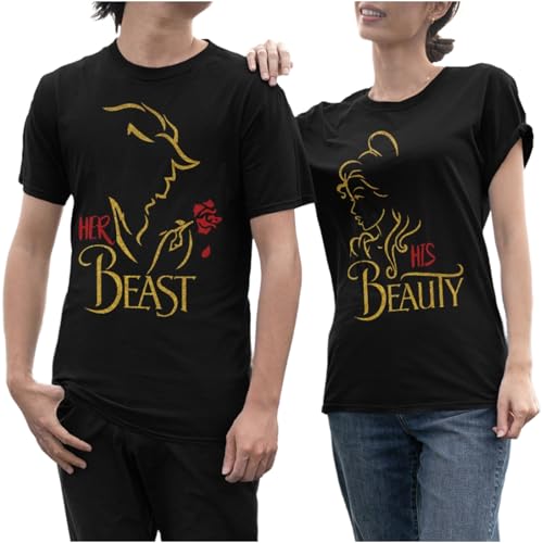 Matching Couples Shirts Her Beast His Beaty Shirt, Set for Men Women T-Shirt Valentine Outfit, Husband Wife T-Shirts, Women Men Couple Valentine's Day Tshirt