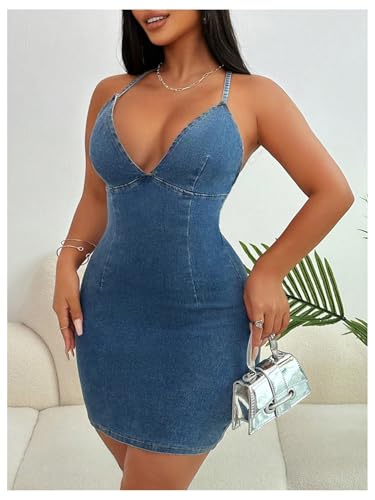 Floerns Women's Backless Criss Cross Denim Cami Dress Halter Neck Bodycon Mini Dresses4