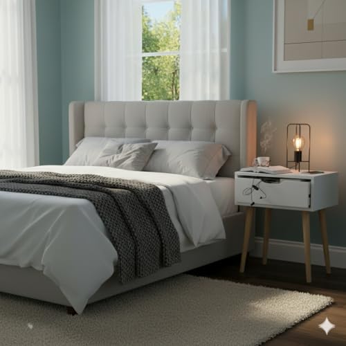 Image of Modern White Bedside Table with 1 Drawers & Wooden Legs | Compact Nightstand for Bedroom | Scandinavian Style Side Table with Storage for Home Living Room (White, 1 Drawer)