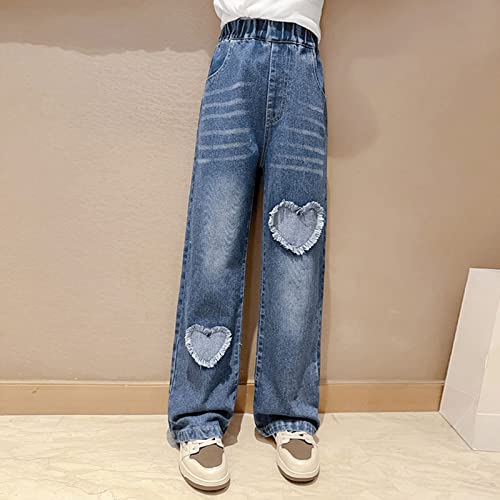 Kids Girl's Heart Ripped Jeans Elastic High Waist Wide Leg Jeans Children Baggy Pants Slit Denim Pants 2~12T3