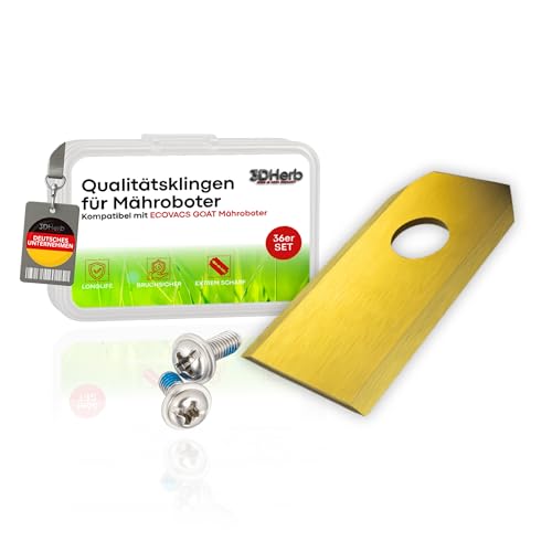 36 x Premium Titan Ersatzmesser + Schrauben mit Sicherung, Ersatzklingen kompatibel mit ECOVACS Goat Mähroboter -für langen, scharfen Schnitt (36er Set Klingen) - titancarbit beschichtet