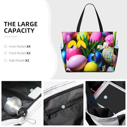 Colorful Easter Eggs Large Beach Tote Bag Women Beach Tote Bag For Pool Gym Grocery Travel With Multiple Pocket3