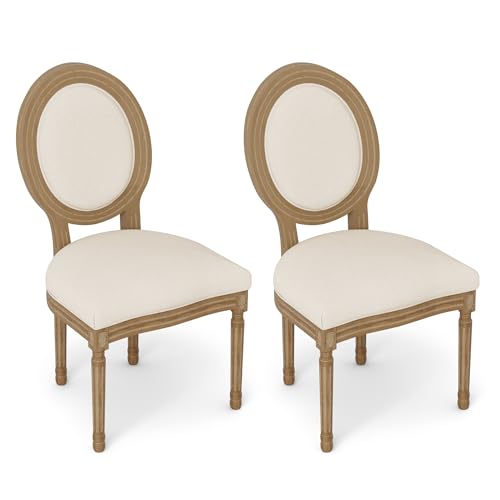 FiveWillowise Juego de 2 sillas de comedor de madera, sillas de cocina retro medievalistas, aspecto de lino y madera maciza, silla gruesa tapizada para comedor, salón, estudio, estilo rústico francés