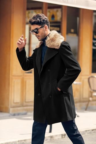 PASLTER Men's Winter Trench Overcoat Removable Faux Fur Collar Top Coat Double Breasted Business Long Pea Coat3