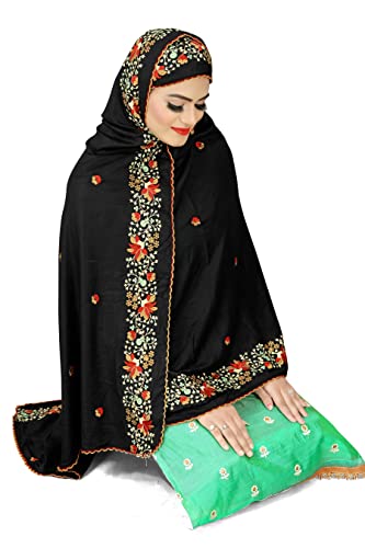 Hijab noir brodé en rayonne de qualité supérieure, finitions soignées.