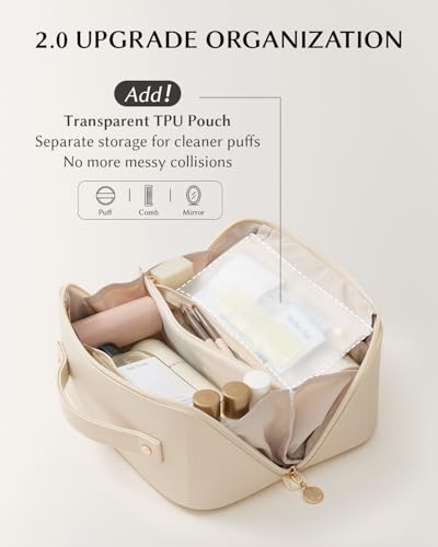 Image of EACHY Travel Makeup Bag, Large Capacity Cosmetic Bag for Women, Waterproof PU Leather, Flat Open Portable Toiletry Bag for Skincare, Brushes & Travel Essentials
