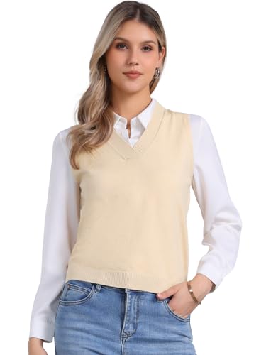 Image of Allegra K Women's V Neck Sweater Vest Knit Pullover Sleeveless Sweater Top | v neck, sleeveless, solid color, high low hem, basic pullover sweater vest, knit fabric, spring casual top