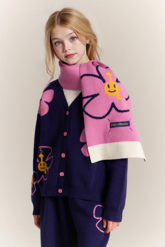 Pink Knit Scarf with Smiley Flowers - Soft Chunky Flower Scarf for Women & Girls,Lightweight One Size Fits Most3