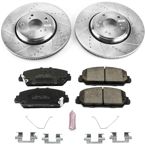 Image of PowerStop Front Brake Kit for Acura ILX 2017-22 |Honda Accord 2016-17 |Civic 2017-20 - Drilled and Slotted Disc Rotors with Carbon-Fiber Ceramic Brake Pads Replacement, K7347