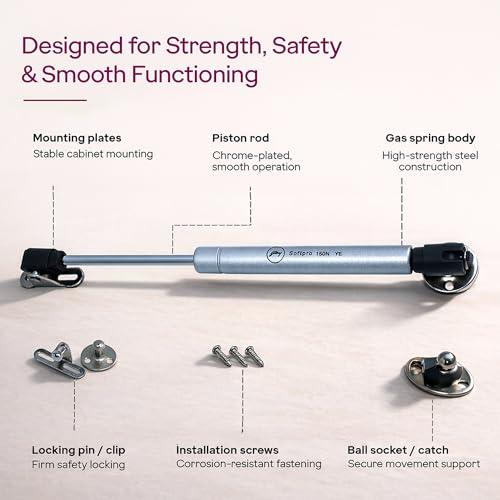 Image of Godrej Kitchen Fittings | Regular Hydraulic Gas Spring | 150N | for Kitchen Cabinets | High-Strength Steel with Chrome Plating | Multi-Angle Install | Hands-Free Door Support | Metal Clips