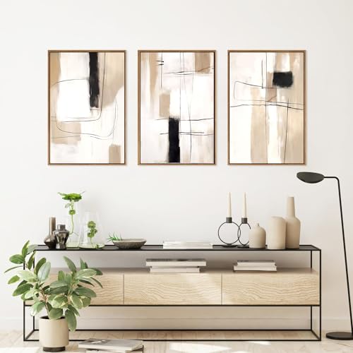 CHDITB Wooden Framed Abstract Yellow Gray Canvas Wall Art,Set of 3 Modern Abstract Canvas Wall Poster,Black and White Wall Prints,30x40cm Neutral Minimalist Wall Decor for Living Room,Bedroom,Office - Image 4