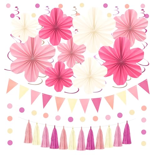 Image of Pink and Yellow Party Decorations Pink Floral Birthday Decoration Supplies | with Colorful Hanging Paper Flowers Tassel Garland and Swirls for Baby Showers Bachelorette Party Supplies Classroom Decor