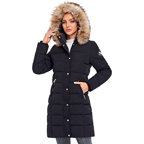 Parkas For Women, Molemsx Women's Designer Hooded Winter Jacket Water Resistant Outdoor Thick Down Alternative Puffer Coat with Faux Fur Collar Hood Parka Team Upper East Side Jacket Women,Black,Small