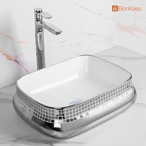 Image of BONKASO Polished Designer Ceramic Table Top Wash Basin (44 x 35 x 12.5 cm) | Silver Countertop Bathroom Sink | Modern Luxury Vanity Wash Basin | Tango-1004