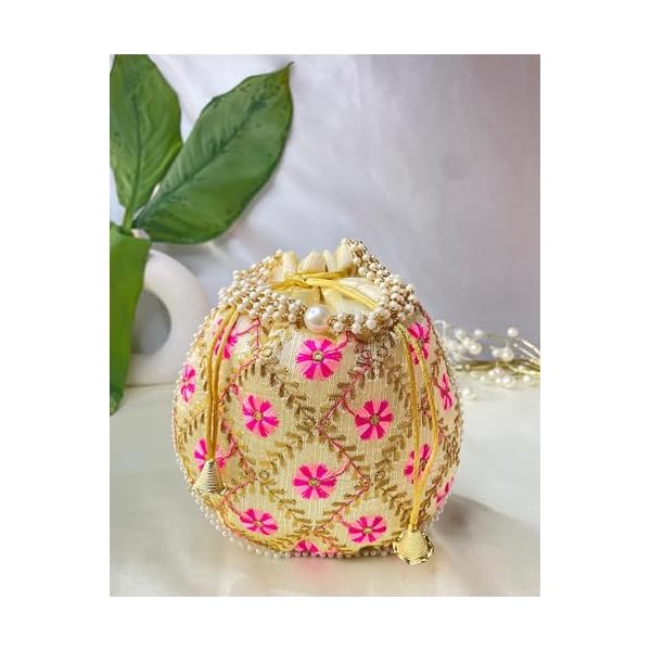 Trendy Crafts- Drawstring Closure Silk Potli | Hand Embroidery Thread Work Wristlet Bags for women | Bridal Silk Embroidered Batwa | Handmade Clutch Purse | Ethnic Pouches for Return Gift - Image 6