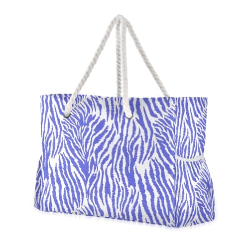 JUNZAN Zebra Print Blue Beach Tote Bag with Handles Swim Pool Bag Beach Totes Bags for Women with Waterproof Pockets