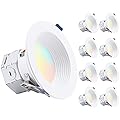 TORCHSTAR 8-Pack 5CCT 4 Inch LED Integrated Canless LED Recessed Lighting with J-Box, Anti-Glare Deep Baffle, CRI90 Dimmable Ceiling Downlight, ETL ES, Air Tight IC Rated, 2700K3000K3500K4000K5000K