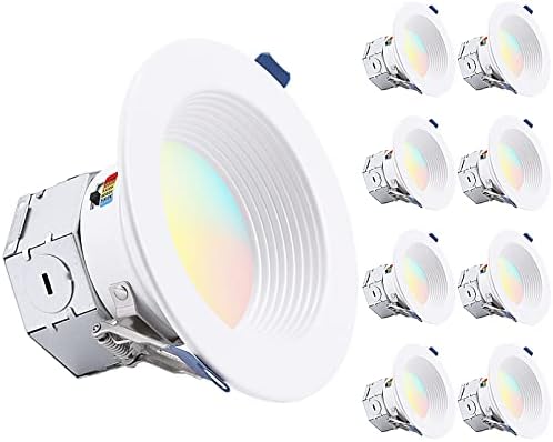 TORCHSTAR 8-Pack 5CCT 4 Inch LED Integrated Canless LED Recessed Lighting with J-Box, Anti-Glare Deep Baffle, CRI90 Dimmable Ceiling Downlight, ETL ES, Air Tight IC Rated, 2700K3000K3500K4000K5000K