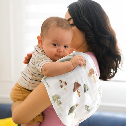 Image of LifeTree Muslin Baby Burp Cloths - 2 Pack 70% Viscose from Bamboo and 30% Cotton Large 22'' by 10.6'' Absorbent Milk Spit Up Rags - Burping Cloths for Newborn, Girls Boys, Mushroom and Green Checkered