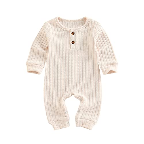 Image of Ynibbim Winter Newborn Baby Boy Girl Solid Romper Unisex Infants Hooded Outfit Clothes Waffle Cotton Button Jumpsuits
