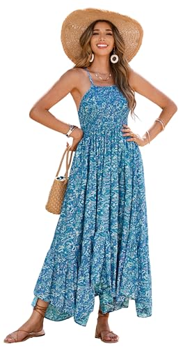 Amazon.com: R.Vivimos Women's Summer Maxi Dress Spaghetti Strap Boho Floral  Print Smocked Backless Casual Ruffle Flowy Long Dresses (Small, Blue) :  Clothing, Shoes & Jewelry