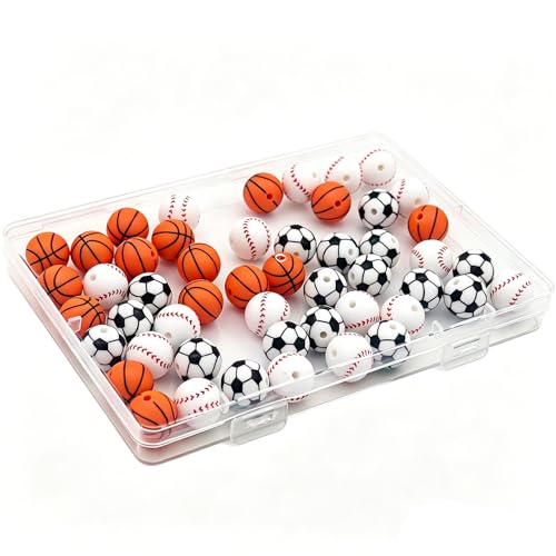 50PCS Mixed Sports Theme Silicone Beads 15mm - Soccer Basketball Baseball