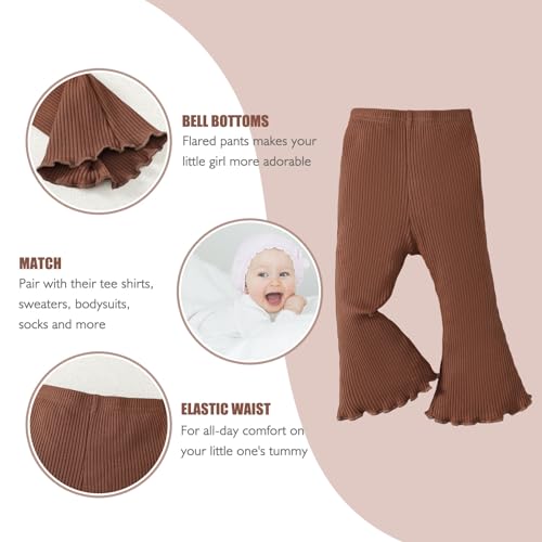 SOBOWO Toddler Baby Girl Flare Pants 3 Pack Solid Ribbed Ruffle Bell Bottoms Pants Fall Outfits(Black/Caramel/Gray, 9-12 Months)