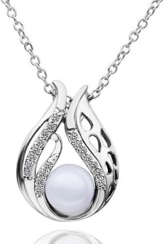 18K White Gold Plated Pearl Centered Filigree Floral Bulb Teardrop Pendant Necklace