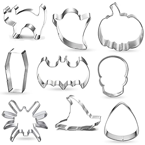 Halloween Cookie Cutters 9-Piece Pumpkin Bat Cat Skull Corn Ghost Witch Hat Spider Coffin Pancake Sandwich Mold Biscuit Bread Fondant for Kids Holiday Sets of 3"