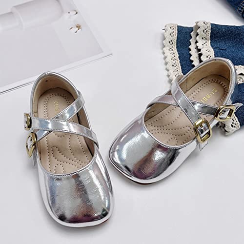Children Shoes Fashion Leather Single Shoes Comfortable Soft Sole Single Shoes Kids Lightweight Shoes (Silver, 5-5.5 Years Little Child)3