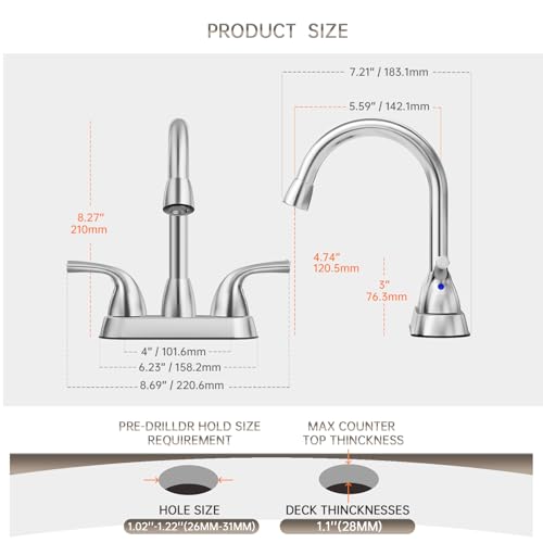 Phiestina Pull Down Sprayer Chrome 4 Inch Bathroom Faucet,2-3 Hole Centerset Pull Out Bathroom Sink Faucet,with 360 Swivel Spout,Metal Pop-Up Drain and Water Supply Lines,BF04007-B11-C