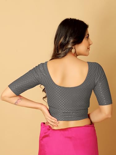 Image of Amazon Brand - Anarva Round Neck Dobby Cotton Lycra Stretchable Elbow Half Sleeve Readymade Saree Blouse for Women Stylish