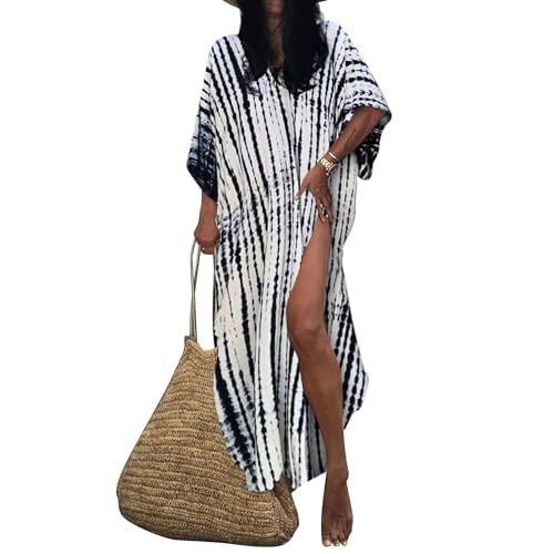 Bsubseach Kaftan Dresses for Women 2025 Plus Size Swimsuit Cover Up Tie Dye Caftan Maxi Dress Loungewear C-black White One Size
