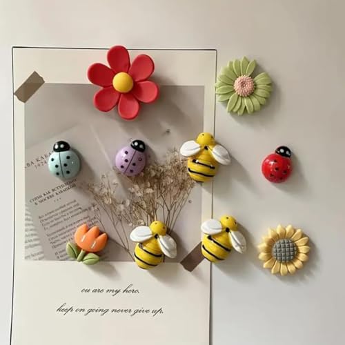 Image of Store2508 Set of 10 Cute Flower & Bug Fridge Magnets for Home Kitchen Decor | Strong Decorative Magnets for Whiteboard Refrigerator Memo Photos | Lightweight Sunflower Daisy Bee Ladybug Magnet Set