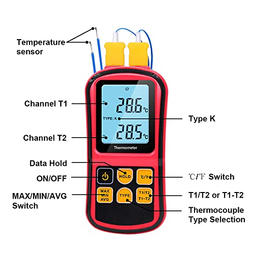 Mengshen Digital Thermometer, 2-Channel K-Type Thermocouple Probe Sensor Temperature Meter Gauge for K/J/T/E/R/N/S Type, -200℃ to 1372℃ (-328℉ to 2501℉)