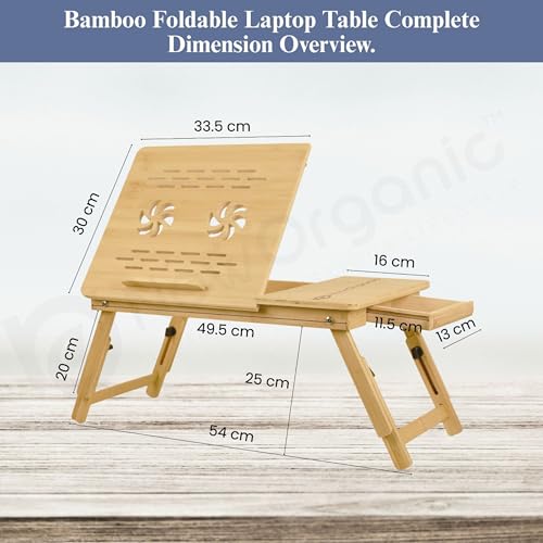 Image of Now Organic Brand Premium Bamboo Foldable Laptop Table with Adjustable Height & Tilting Top | Lap Desk for Study, Writing, Reading | Portable Bed Table with Small Storage Drawer Compact Size