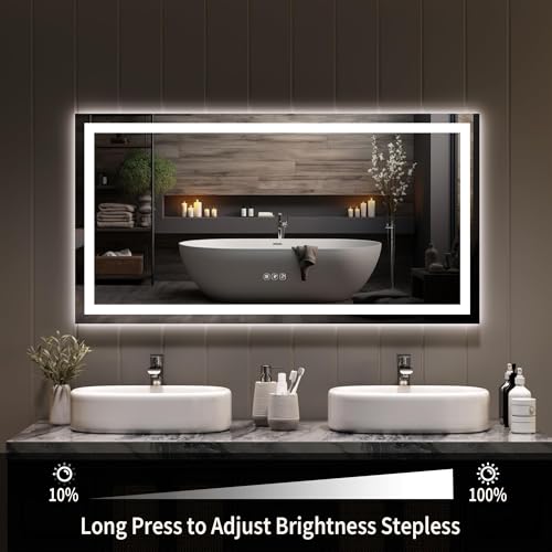 Image of GarveeHome 50x26 LED Bathroom Mirror with Lights, Dimmable, Anti-Fog, Backlit + Front Lit, Smart Bathroom Vanity Mirror for Wall, Memory Function, Shatter-Proof (Horizontal /Vertical)
