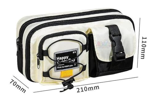 Image of Multi-Compartment Pencil Pouch Large Capacity Pen Case with Zipper & Buckle Pocket, Durable Canvas Stationery Organizer for School Office Travel, Stylish Storage Case (Black Happy Every Day)
