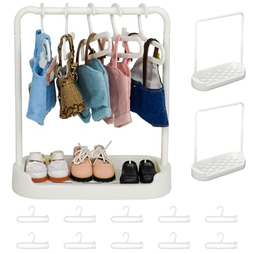 Satakara Doll Clothes Hanger & Rack Set - 2 Stands + 10 Hangers, Durable Plastic Dolls Wardrobe Organizer for Dollhouse Decor, White