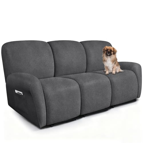 Image of ANARACHON Leather Look Recliner Couch Cover 8-Piece Recliner Sofa Slipcovers 3 Seater for Reclining Couches Furniture Protector Spandex Fabric Washable (Recliner Sofa,256Dark Gray)