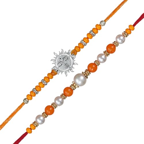 Image of eCraftIndia Sun Beads Rakhi Set of 2 | Rakhi for Brother Bhaiya Bhai with Best Bro Ever Fridge Magnet | Roli Chawal Pack