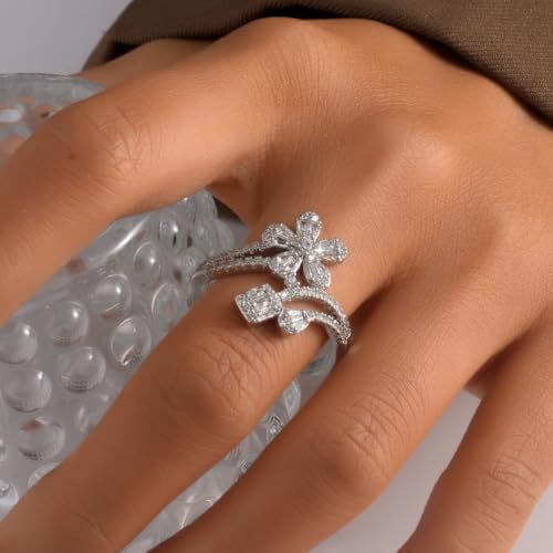 Kokoma Elegant Cubic Zirconia Flower Ring for Women Crystal Floral Statement Ring Promise Eternity Engagement Rings Wedding Band2