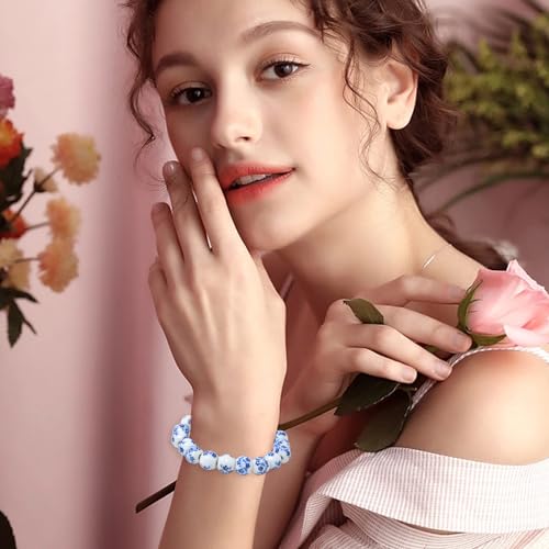 yueton 1Pack Elegant Porcelain Beads Bracelet Chinese Style Celadon Wrist Bracelet Retro Blue Flower Ceramics Bracelet for Women4