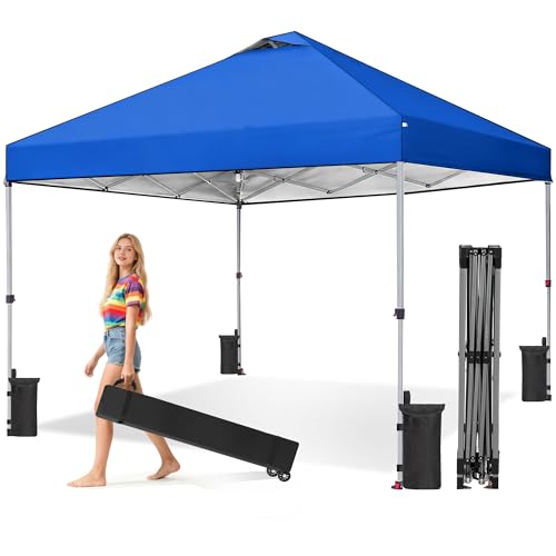OLIXIS 10x10ft Pop Up Canopy Tent, Heavy Duty 1-Person One Push Setup, Portable Outdoor Shelter for Beach, Events, Camping Includes Rolling Carry Bag, Blue